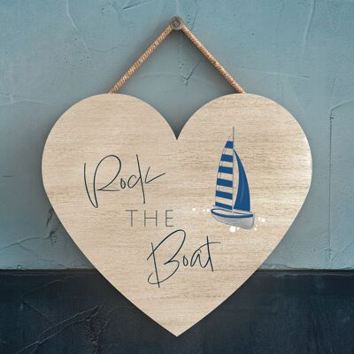 P7423 - Rock The Boat Coastal Blue Nautical Sign Wooden Hanging Plaque Heart