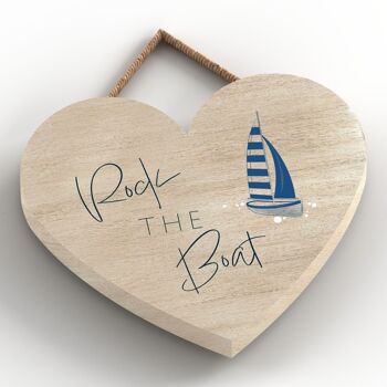 P7423 - Rock The Boat Coastal Blue Nautical Sign Plaque à suspendre en bois Coeur 2
