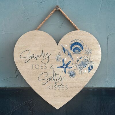 P7424 - Sandy Toes & Salty Kisses Coastal Blue Nautical Sign Plaque à suspendre en bois Coeur