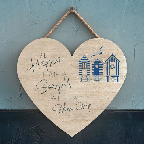 P7425 - Seagull Stolen Chip Coastal Blue Nautical Sign Wooden Hanging Plaque Heart