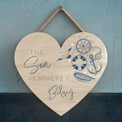 P7426 - Sea Where I Belong Coastal Blue Nautical Sign Wooden Hanging Plaque Heart
