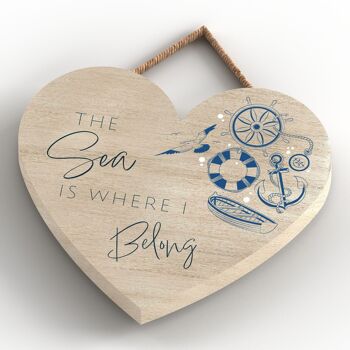 P7426 - Sea Where I Belong Coastal Blue Nautical Sign Plaque à suspendre en bois Coeur 4