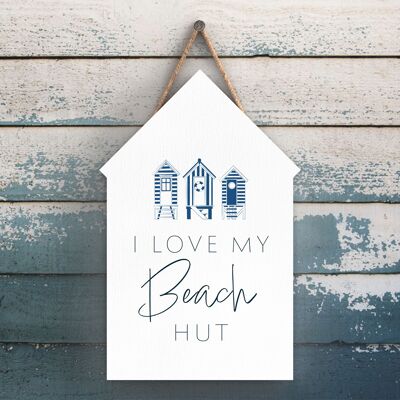 P7428 – I Love My Beach Hut Coastal Blue Nautical Schild Strandhütte aus Holz zum Aufhängen