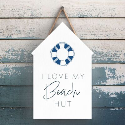 P7429 - I Love My Beach Hut Coastal Blue Nautical Sign Legno Beach Hut Hanging Plaque