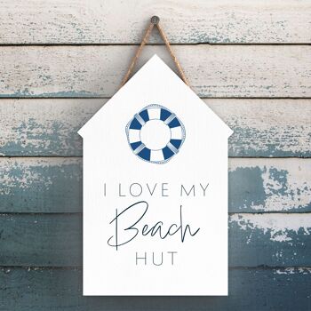 P7429 - I Love My Beach Hut Coastal Blue Nautical Sign Plaque à suspendre en bois Beach Hut 1