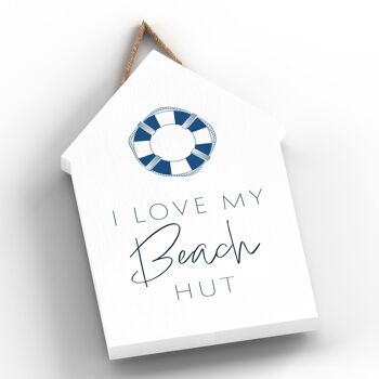 P7429 - I Love My Beach Hut Coastal Blue Nautical Sign Plaque à suspendre en bois Beach Hut 2