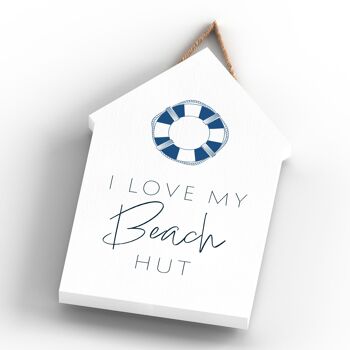 P7429 - I Love My Beach Hut Coastal Blue Nautical Sign Plaque à suspendre en bois Beach Hut 4