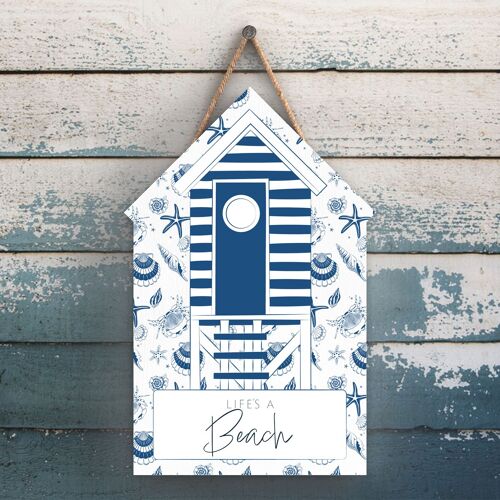 P7430 - Life's A Beach Coastal Blue Nautical Sign Wooden Beach Hut Hanging Plaque