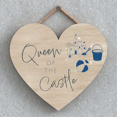 P7434 - Queen Of The Castle Letrero Náutico Azul Costero Placa para Colgar de Madera Corazón