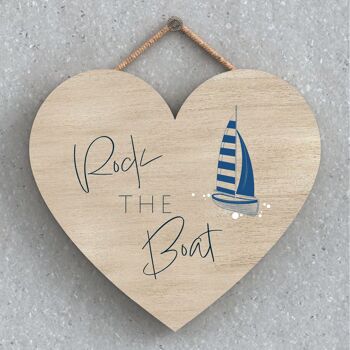 P7435 - Rock The Boat Coastal Blue Nautical Sign Plaque à suspendre en bois Coeur 1