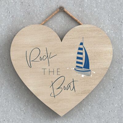 P7435 - Rock The Boat Coastal Blue Nautical Sign Wooden Hanging Plaque Heart
