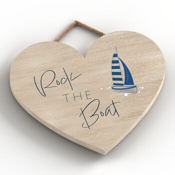 P7435 - Rock The Boat Coastal Blue Nautical Sign Plaque à suspendre en bois Coeur 2