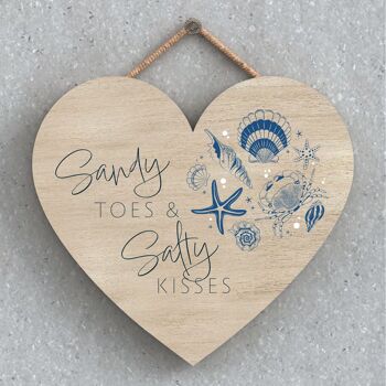 P7436 - Sandy Toes & Salty Kisses Coastal Blue Nautical Sign Plaque à suspendre en bois Coeur 1