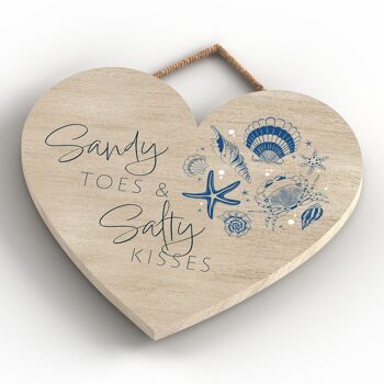 P7436 - Sandy Toes & Salty Kisses Coastal Blue Nautical Sign Plaque à suspendre en bois Coeur 3