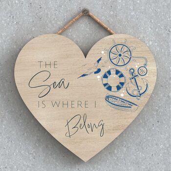 P7439 - Sea Where I Belong Coastal Blue Nautical Sign Plaque à suspendre en bois Coeur 1