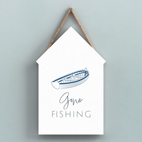 P7448 - Gone Fishing Coastal Blue Nautical Sign Wooden Beach Hut Hanging Plaque