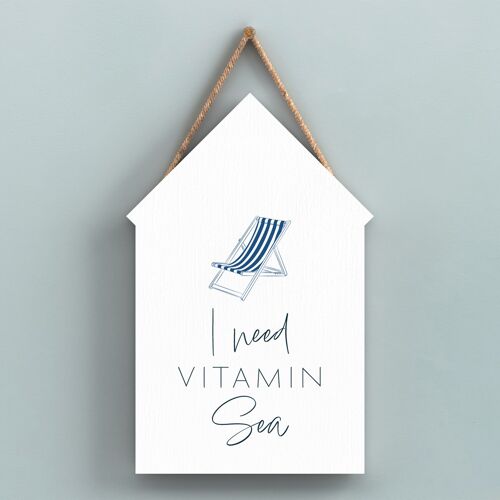 P7452 - I Need Vitamin Sea Coastal Blue Nautical Sign Wooden Beach Hut Hanging Plaque