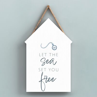 P7453 – Sea Set You Free Coastal Blue Nautical Schild Strandhütte aus Holz zum Aufhängen