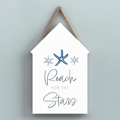 P7457 - Reach For The Stars Letrero náutico azul costero Placa colgante de cabaña de playa de madera