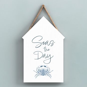 P7458 - Seas The Day Coastal Blue Nautical Sign Plaque à suspendre en bois Beach Hut 1
