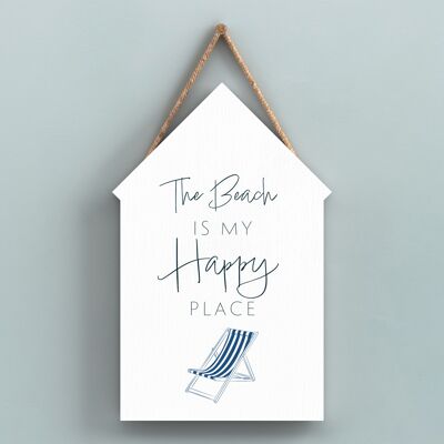 P7459 - Beach Happy Place Coastal Blue Nautical Sign Wooden Beach Hut Hanging Plaque