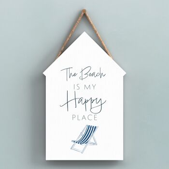 P7459 - Beach Happy Place Coastal Blue Nautical Sign Plaque à suspendre en bois Beach Hut 1