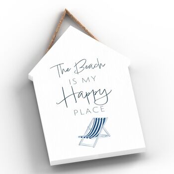 P7459 - Beach Happy Place Coastal Blue Nautical Sign Plaque à suspendre en bois Beach Hut 2