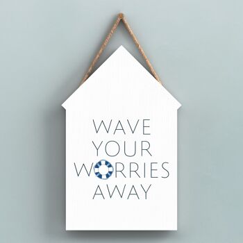 P7460 - Wave Worries Away Coastal Blue Nautical Sign Plaque à suspendre pour cabane de plage en bois 1