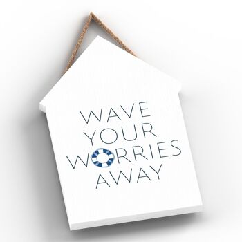 P7460 - Wave Worries Away Coastal Blue Nautical Sign Plaque à suspendre pour cabane de plage en bois 2