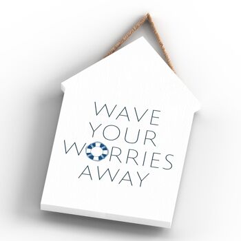 P7460 - Wave Worries Away Coastal Blue Nautical Sign Plaque à suspendre pour cabane de plage en bois 4