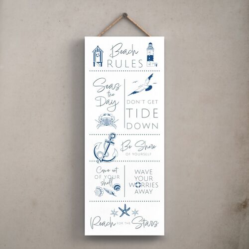 P7461 - Beach Rules Coastal Blue Nautical Sign Wooden Portrait Hanging Plaque