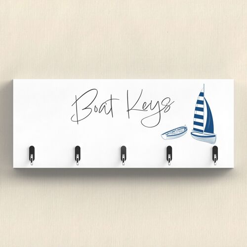 P7464 - Boat Keys Coastal Blue Nautical Sign Wooden Wall Hook Plaque
