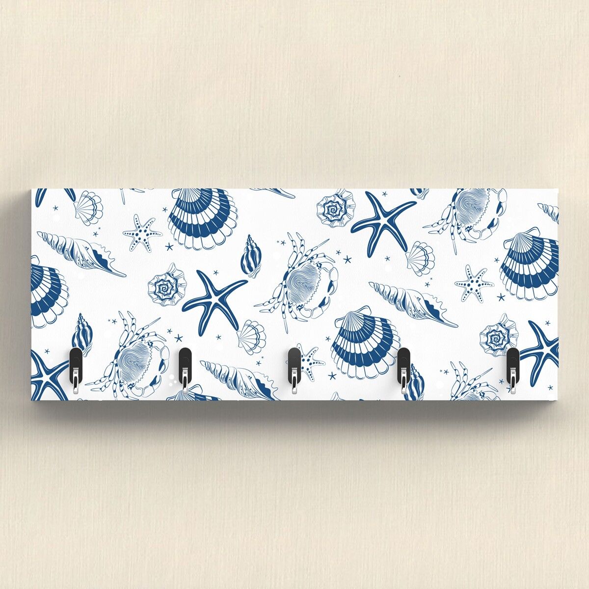 P7465 – Nautical Illustration Sea Shells Coastal Blue Sign Wooden Wall Hook Plaque