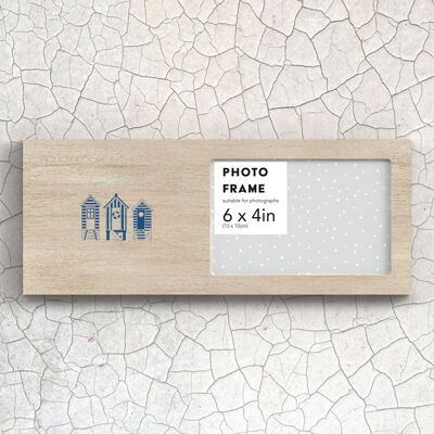 P7466 - Illustration de cabines de plage, cadre photo paysage nautique bleu côtier en bois