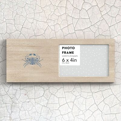 P7468 - Marco de fotos de paisaje de madera náutica azul costero con ilustración de cangrejo