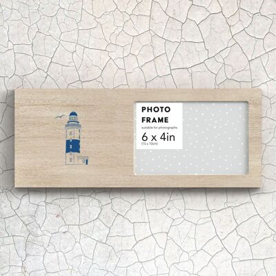 P7469 - Marco de fotos de paisaje de madera náutica azul costero con ilustración de faro