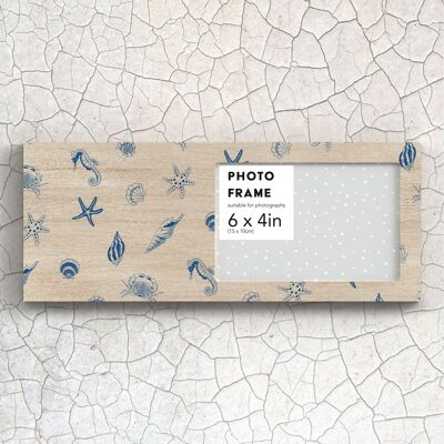 P7470 - Cadre photo de paysage en bois bleu côtier avec illustration de coquillages nautiques