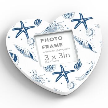 P7472 - Cadre photo en forme de coeur en bois bleu côtier avec illustration de coquillages nautiques 3