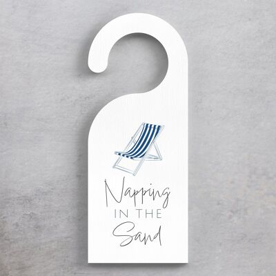 P7478 - Napping In The Sand Coastal Blue Nautical Sign Wooden Door Hanger Plaque