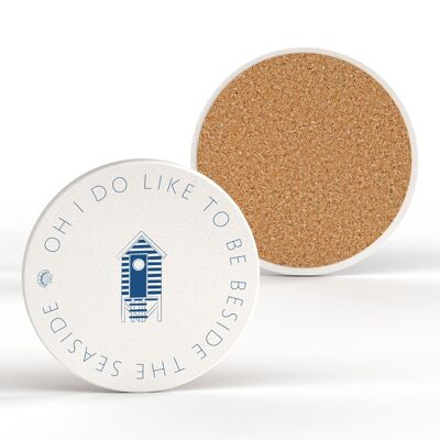 P7482 - Beach Hut Coastal Blue Nautical Ceramic Round Coaster Beach Themed Gift