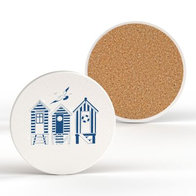 P7483 - Beach Huts Coastal Blue Nautical Ceramic Round Coaster Beach Themed Gift