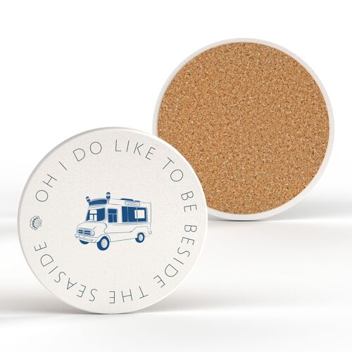 P7493 - Ice Cream Van Coastal Blue Nautical Ceramic Round Coaster Beach Themed Gift