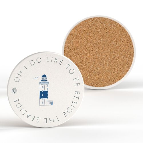 P7495 - Lighthouse Coastal Blue Nautical Ceramic Round Coaster Beach Themed Gift