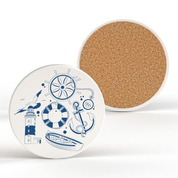 P7496 - Illustrations nautiques Coaster Blue Coaster rond en céramique cadeau sur le thème de la plage