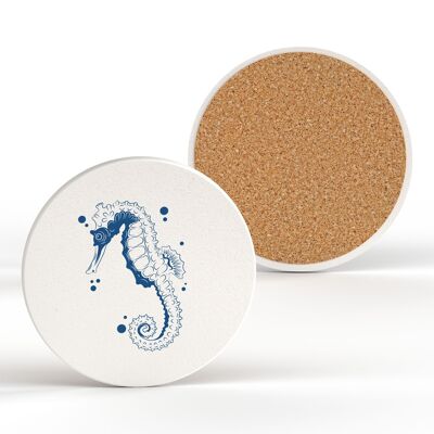 P7503 - Seahorse Coastal Blue Nautical Ceramic Round Coaster Beach Themed Gift