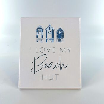 P7524 - I Love My Beach Hut Panneau photo en carreaux de céramique bleu côtier Cadeau sur le thème de la plage 1
