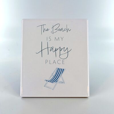 P7532 - Beach Happy Place Coastal Blue Ceramic Tile Photo Panel Beach Themed Gift