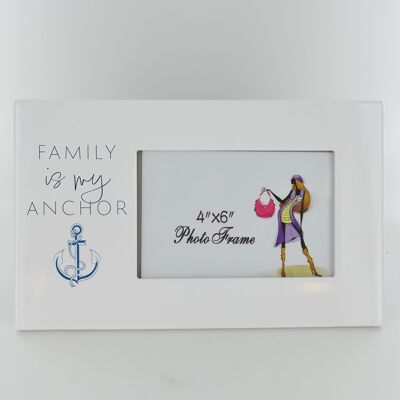 P7534 - Family Is My Anchor - Marco de fotos con azulejos de cerámica azul costero, regalo temático de playa