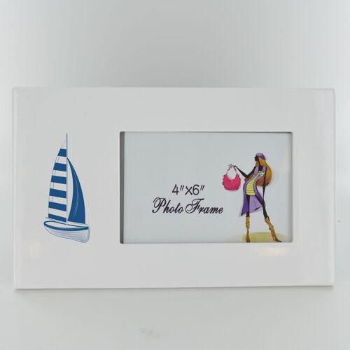 P7535 - Sail Boat Coastal Blue Ceramic Tile Photo Frame Beach Themed Gift