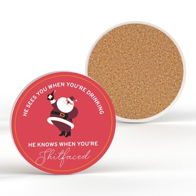 P7686 - He Sees You Sleeping Humour Themed Funny Ceramic Coaster Secret Santa Gift Idea